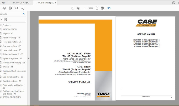 CASE IH TRACTOR SR210, SR240, SV280, TR270, TR310 ALPHA SERIES SKID STEER AND COMPACT TRACK LOADER SERVICE MANUAL 47683916 - PDF FILE