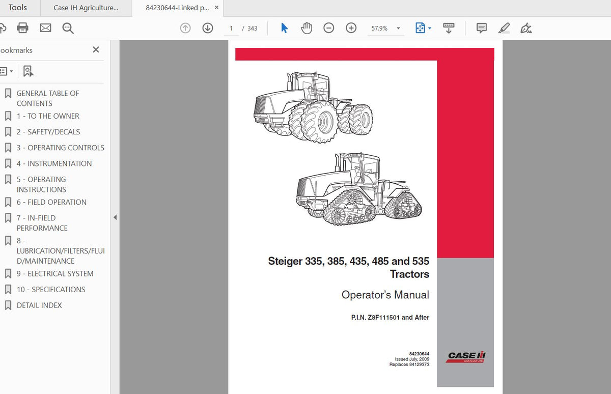 CASE IH TRACTOR STEIGER 335,385,435,485,535 PIN Z8F111501 & AFTER 84230644 OPERATOR’S MANUAL - PDF FILE