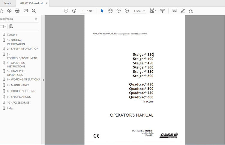 CASE IH TRACTOR STEIGER 350,400,450,500,550,600 QUADTRAC 450,500,550,600 84295156 OPERATOR’S MANUAL - PDF FILE