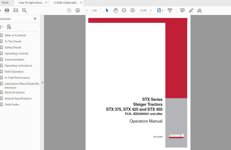 CASE IH TRACTOR STX375 STX425 STX450 TRACTOR – PIN JEE0099501 THRU 6-6282 OPERATOR’S MANUAL - PDF FILE