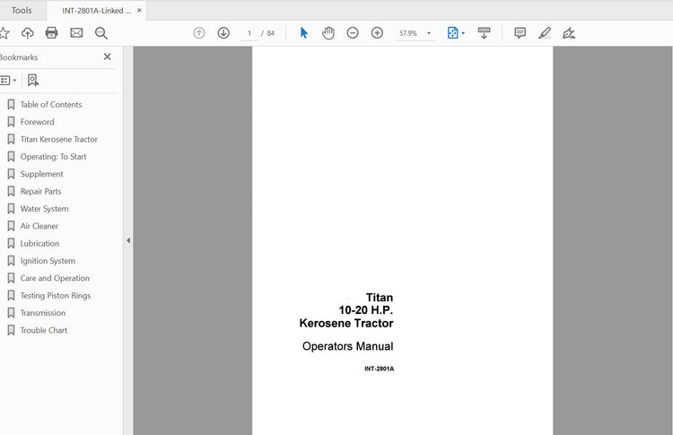 CASE IH TRACTOR TITAN 10-20 H.P.KEROSENE INT-2801A OPERATOR’S MANUAL - PDF FILE