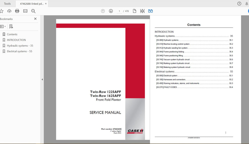 CASE IH TRACTOR TWIN-ROW 1225AFF, 1625AFF_FRONT FOLD PLANTER SERVICE MANUAL 47462688 - PDF FILE