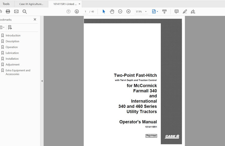 CASE IH TRACTOR TWO POINT FAST HITCH FOR FARMALL 340 AND 460 SERIES 1014115R1 OPERATOR’S MANUAL - PDF FILE