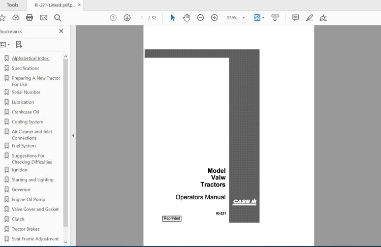CASE IH TRACTOR VAIW RI-221 OPERATOR’S MANUAL - PDF FILE