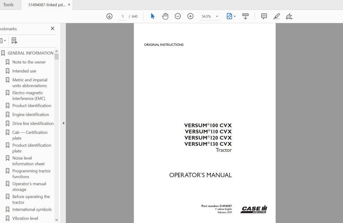 CASE IH TRACTOR VERSUM 100,110,120,130 CVX 51494087 OPERATOR’S MANUAL - PDF FILE