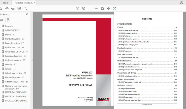 CASE IH TRACTOR WD1203 SELF - PROPELLED WINDROWER SERVICE MANUAL 47487698 - PDF FILE