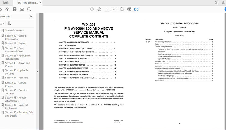 CASE IH TRACTOR WD1203 WINDROWER SERVICE MANUAL 84211440 - PDF FILE