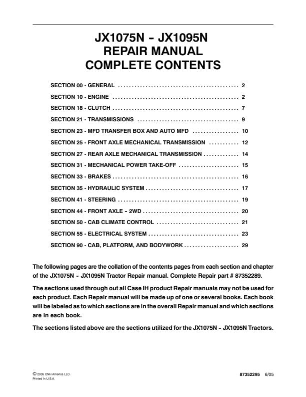 CASE JX1075N-JX1095N TRACTOR REPAIR MANUAL 87352295 - PDF FILE