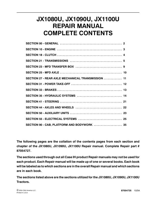 CASE JX1080U, JX1090U, JX1100U Tractor Repair Manual - 87054735
