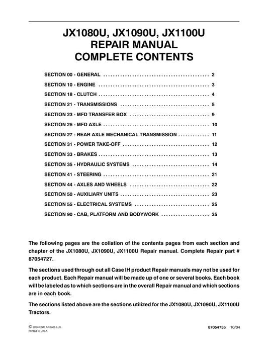 CASE JX1080U, JX1090U, JX1100U Tractor Repair Manual - 87054735