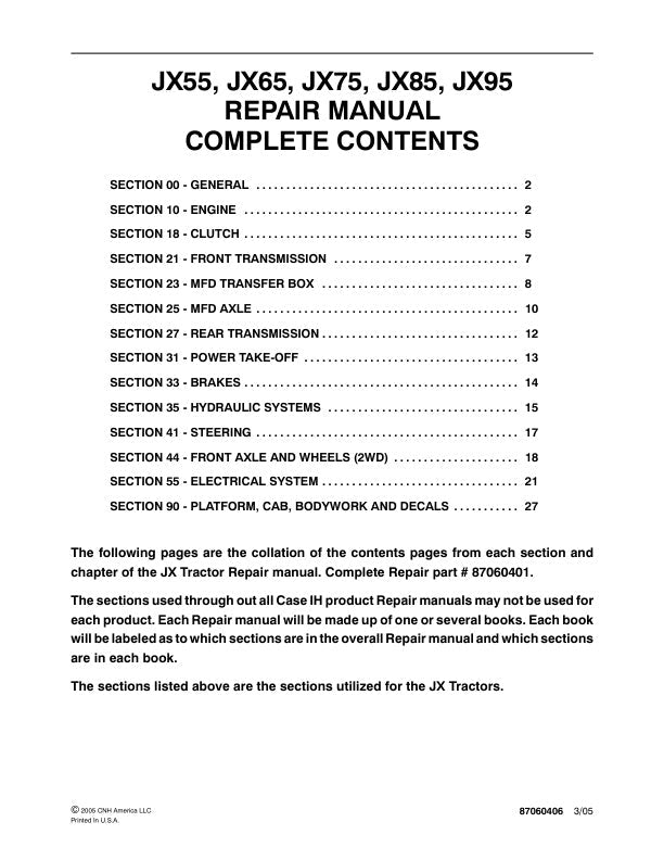 CASE JX55, JX65, JX75, JX85, JX95 TRACTOR REPAIR MANUAL 87060406 - PDF FILE