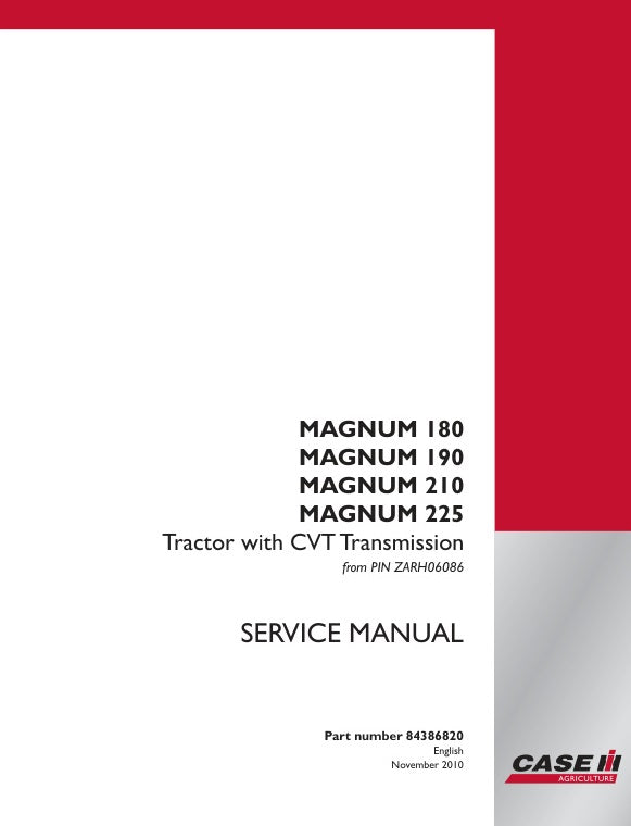 Case Magnum 180, 190, 210, 225 Tractor CVT Transmission Service Manual (84386820)