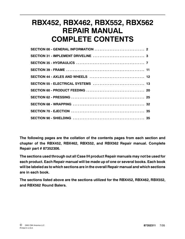 CASE RBX452, RBX462, RBX552, RBX562 REPAIR MANUAL 87352311 - PDF FILE