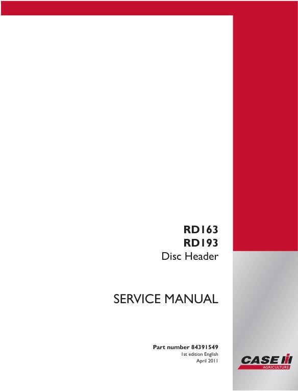 CASE RD163, RD193 DISC HEADER SERVICE MANUAL 84391549 - PDF FILE