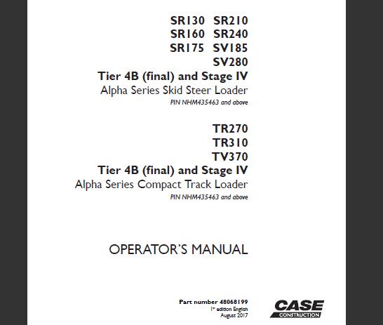 CASE SR130 / SR210 / SR160 / SR240 / SR175 / SV185 / SV280 TIER 4B (FINAL) AND STAGE IV ALPHA SERIES SKID STEER LOADER, TR270 / TR310 / TV370 TIER 4B (FINAL) AND STAGE IV ALPHA SERIES COMPACT TRACK LOADER OPERATOR’S MANUAL - PFD FILE