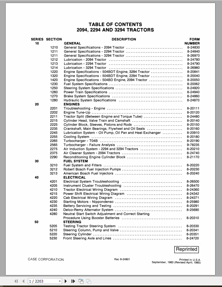 CASE TRACTOR 2094, 2294, 3294 SERVICE MANUAL 8-24851R0 PDF FILE