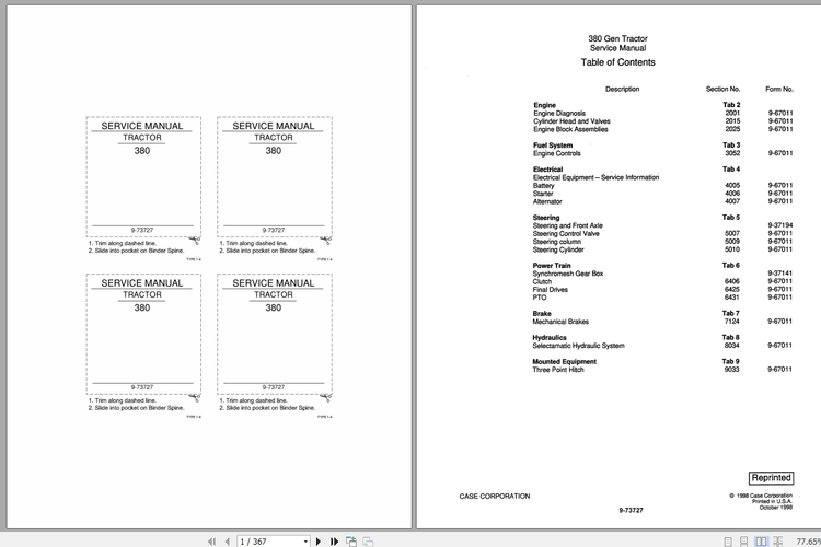 CASE Tractor 360 Service Manual 9-73727R0 – PDF File