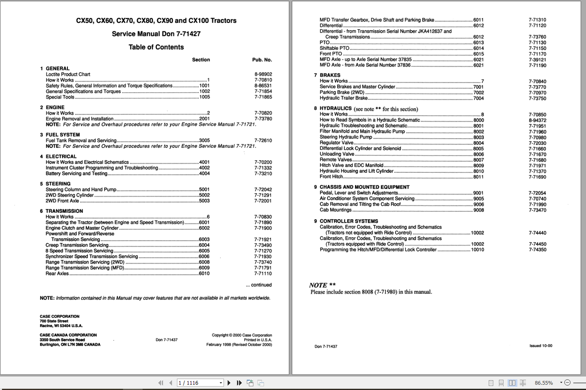 CASE TRACTOR CX50, CX60, CX70, CX80, CX90, CX100 SERVICE MANUAL 7-71427R0 - PDF FILE