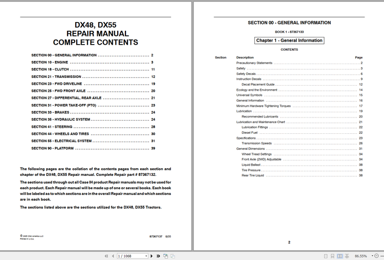 CASE TRACTOR DX48, DX55 REPAIR MANUAL 87367132 - PDF FILE