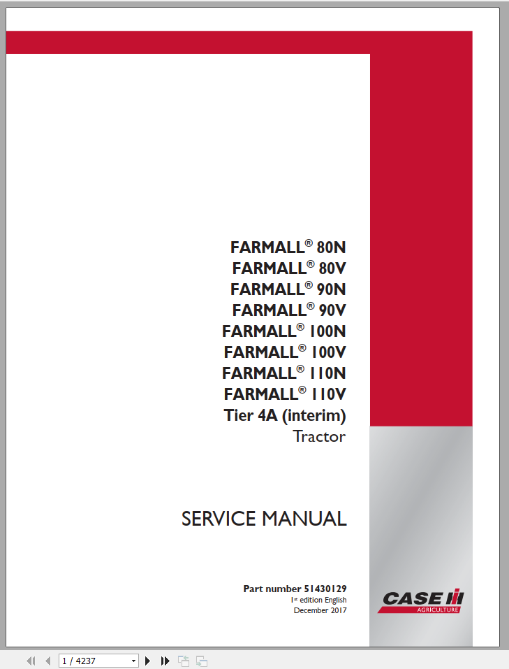 CASE TRACTOR FARMALL 80N, 80V ,90N, 90V, 100N, 100V, 110N, 110V TIER 4A SERVICE MANUAL 51430129 - PDF FILE