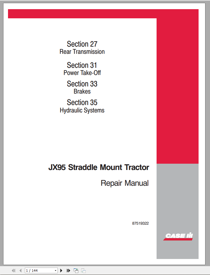 CASE TRACTOR JX95 STRADDLE MOUNT REPAIR MANUAL - PDF FILE