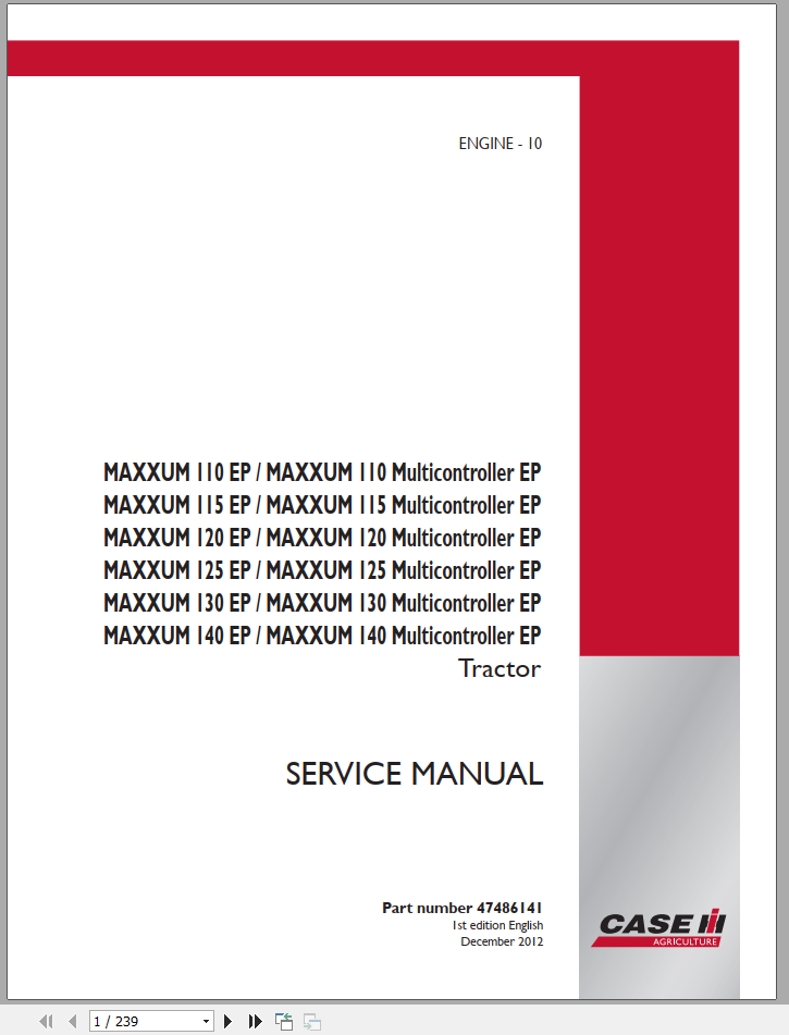 CASE Tractor Maxxum 100, 110, 115, 120, 125, 130, 140 Service Manual 47486141 – PDF File