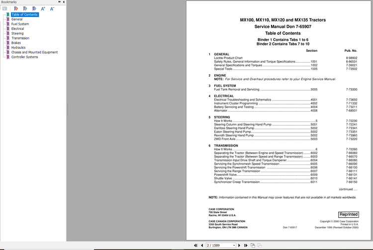 CASE TRACTOR MX100, MX110, MX120, MX135 SERVICE MANUAL 7-65907R0 - PDF FILE
