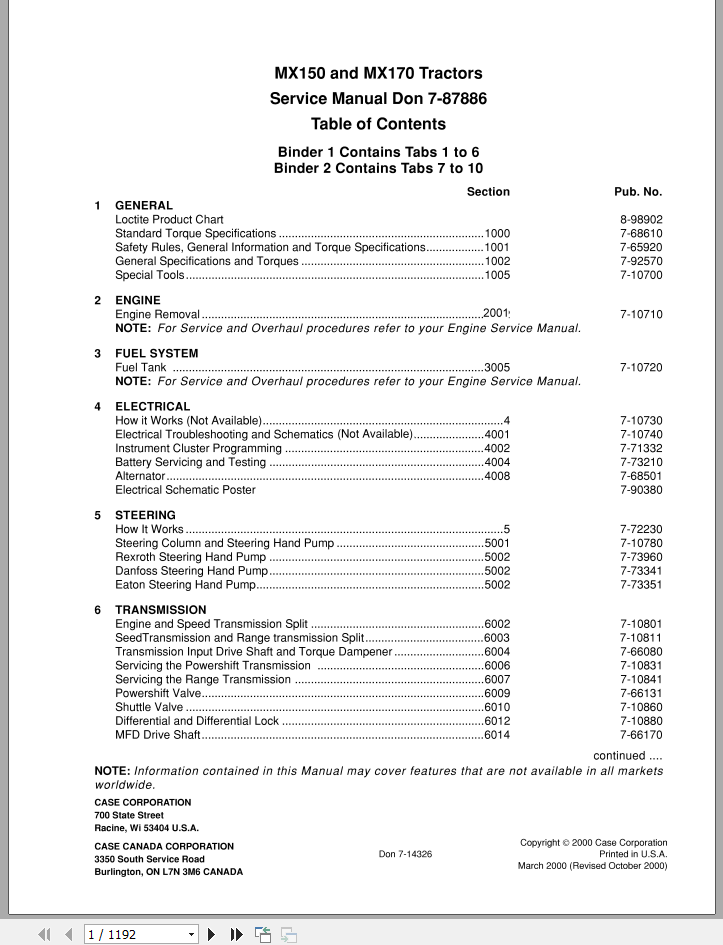 CASE TRACTOR MX150 MX170 SERVICE MANUAL_7-87886R0 - PDF FILE
