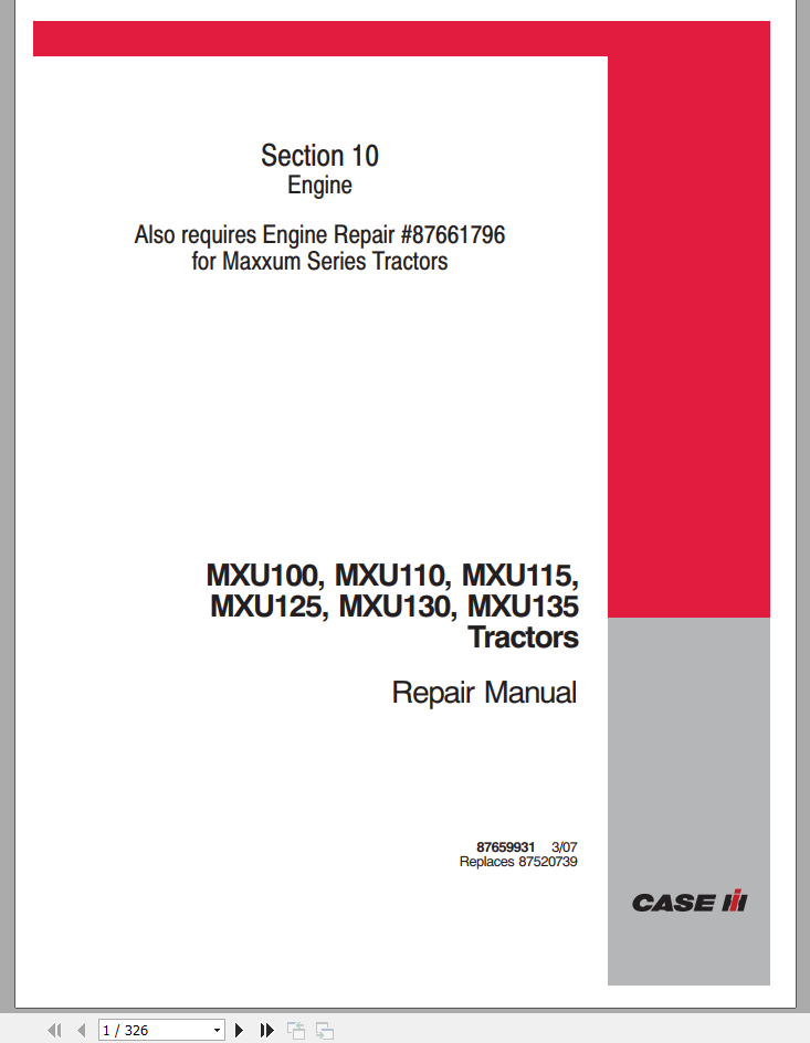 CASE TRACTOR MXU 100, 110, 115, 125, 130, 135 REPAIR MANUAL - PDF FILE