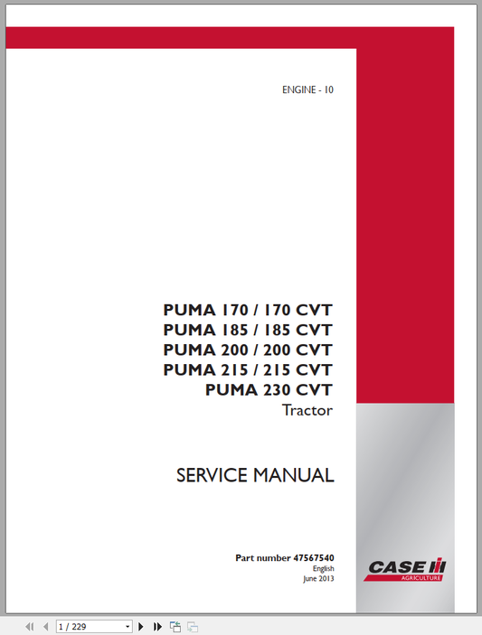 CASE Tractor Puma 170, 185, 200, 215, 230 CVT Service Manual PDF