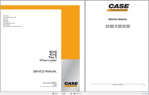 CASE WHEEL LOADER 821G 921G TIER 2 SERVICE MANUAL 48083741 - PDF FILE
