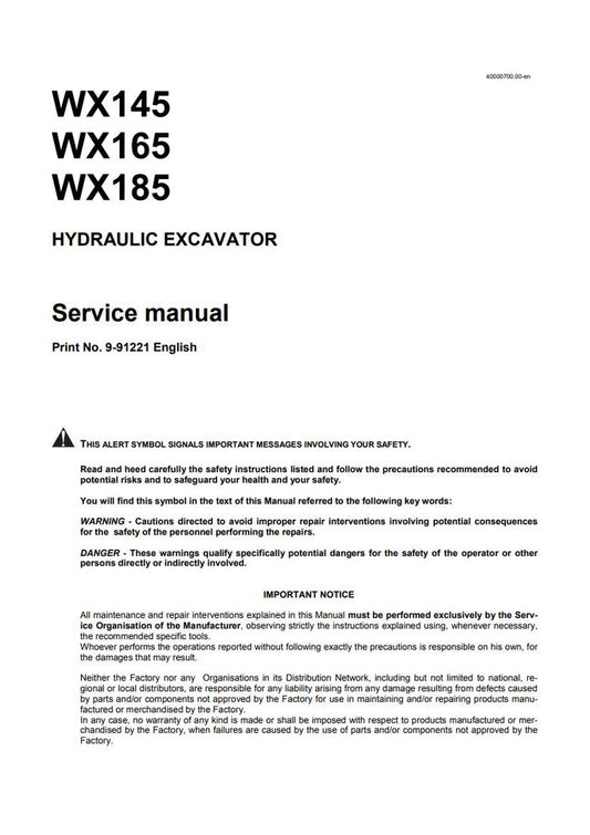 CASE WX145, WX165, WX185 Excavator Service Manual - 9-91221