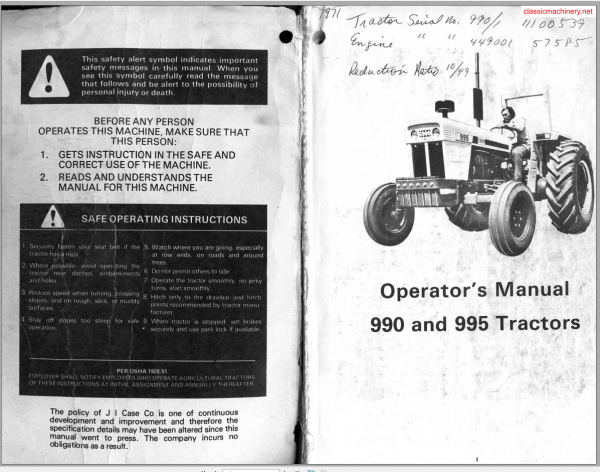 CASE IH TRACTOR 990, 995 OPERATORS MANUAL - PDF FILE