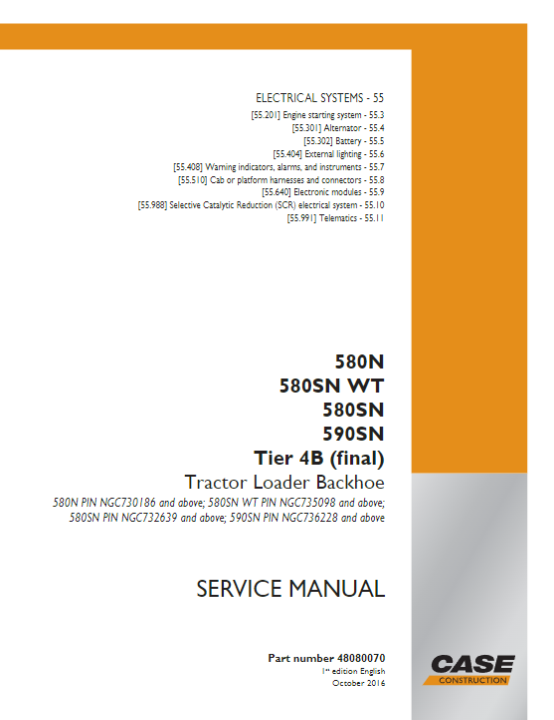 Case 580N, 580SN WT, 580SN, 590SN Tier B Tractor Loader Backhoe Service Manual 48080070 - PDF File Download
