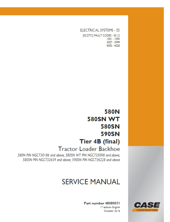 Case 580N, 580SN WT, 580SN, 590SN Tier B Tractor Loader Backhoe Service Manual 48080071 PDF Download