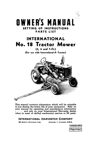 Case International No. 18 NA Tractor Mower 5, 6, 7 foot Operator's 1008004R3