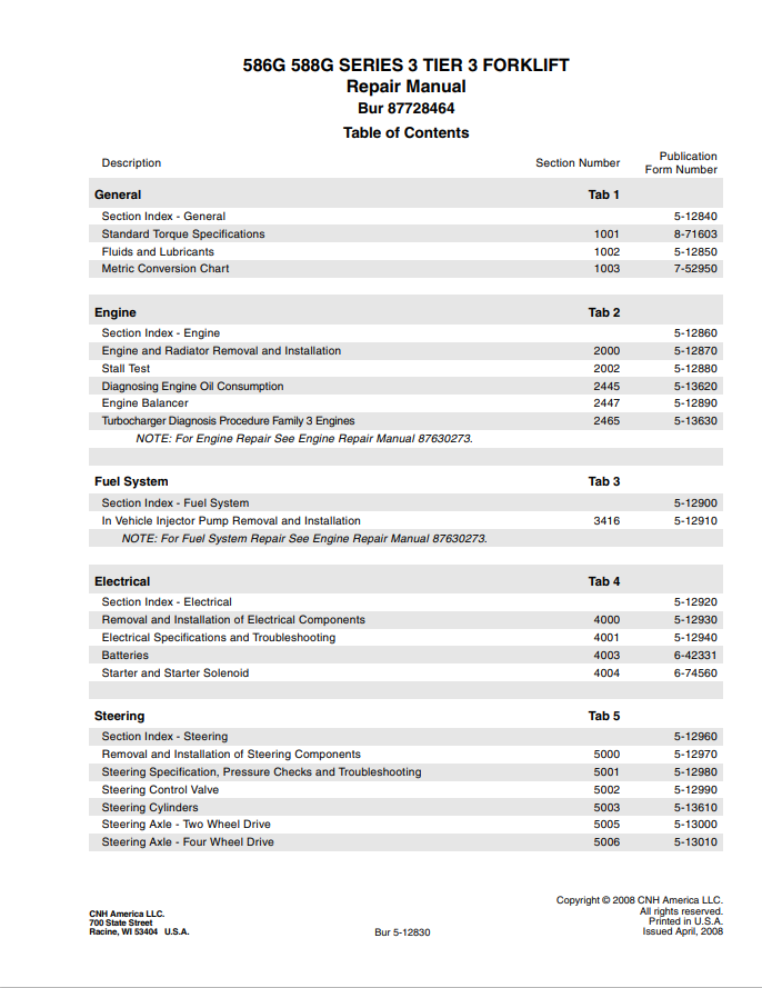 Case 586G 588G SERIES 3 TIER 3 FORKLIFT Service Repair Manual Bur 87728464 - PDF File Download