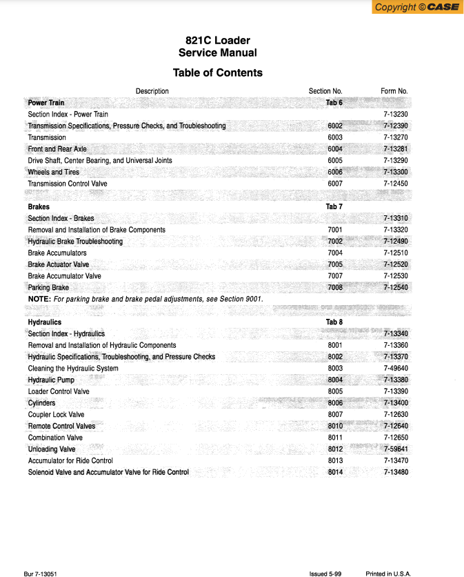 Case 821C Wheel Loader Service Repair Manual 7-13051 - PDF File Download