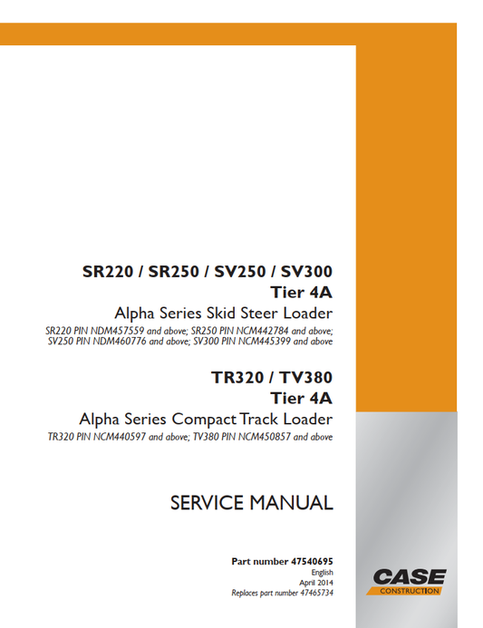 Case Alpha Series Skid Steer Loader DR220 DR250 SV250 SV300 TR320 TV380 Tier 4A Service Manual PDF