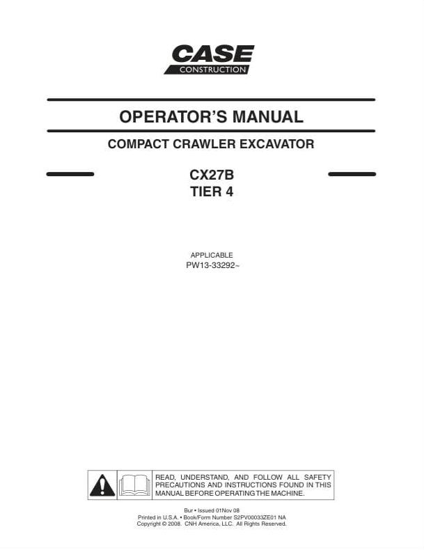Case Excavator CX27B Tier 4 Operator Manual PDF