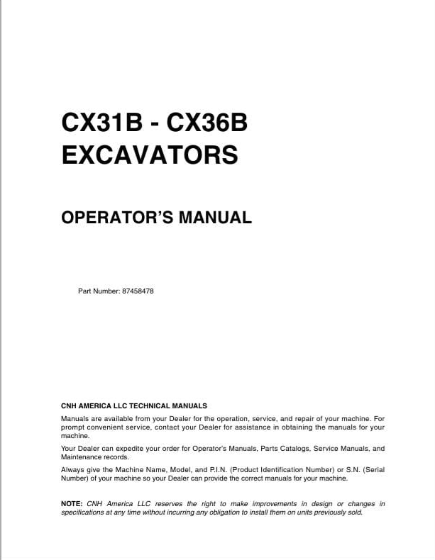 Case Excavator CX31B, CX36B Operator Manual PDF