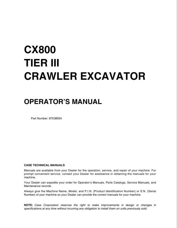 Case Excavator CX800B Tier 3 Operator Manual PDF
