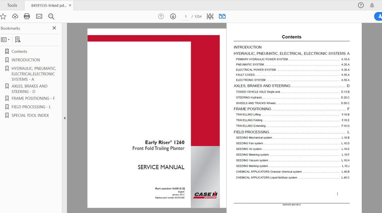 CASE IH TRACTOR 1260 EARLY RISER FRONT FOLD TRAILING PLANTER – COMPLETE SERVICE MANUAL 84591535 - PDF FILE