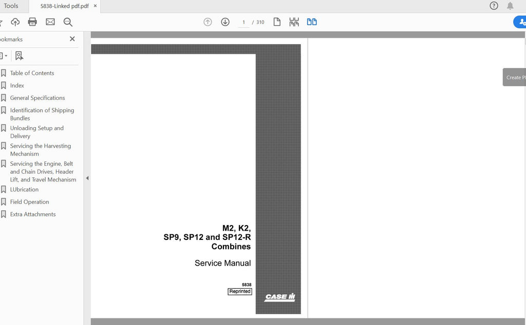 CASE IH TRACTOR M2, K2, SP9, SP12, SP12-R COMBINE-DEALERS SERVICE MANUAL 5838 - PDF FILE