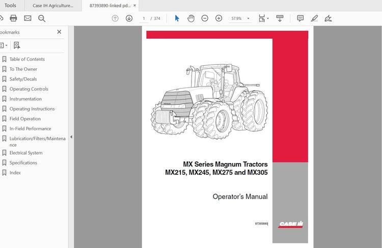 CASE IH TRACTOR MX215 MX245 MX275 MX305 87393890 OPERATOR’S MANUAL - PDF FILE