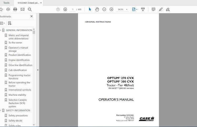 CASE IH TRACTOR OPTUM 270,300 CVX TIER 4B 51533461 OPERATOR’S MANUAL - PDF FILE