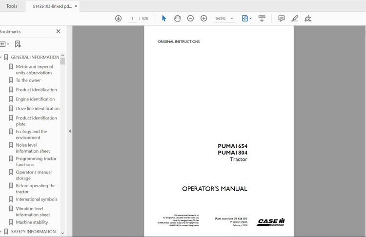 CASE IH TRACTOR PUMA1654, PUMA1804 51426103 OPERATOR’S MANUAL - PDF FILE