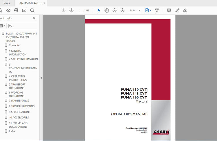 CASE IH Puma 130, 145 & 160 CVT 84411146 Operator’s Manual PDF