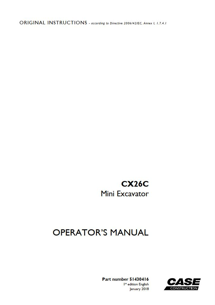 Case Mini Excavator CX26C Operator Manual PDF
