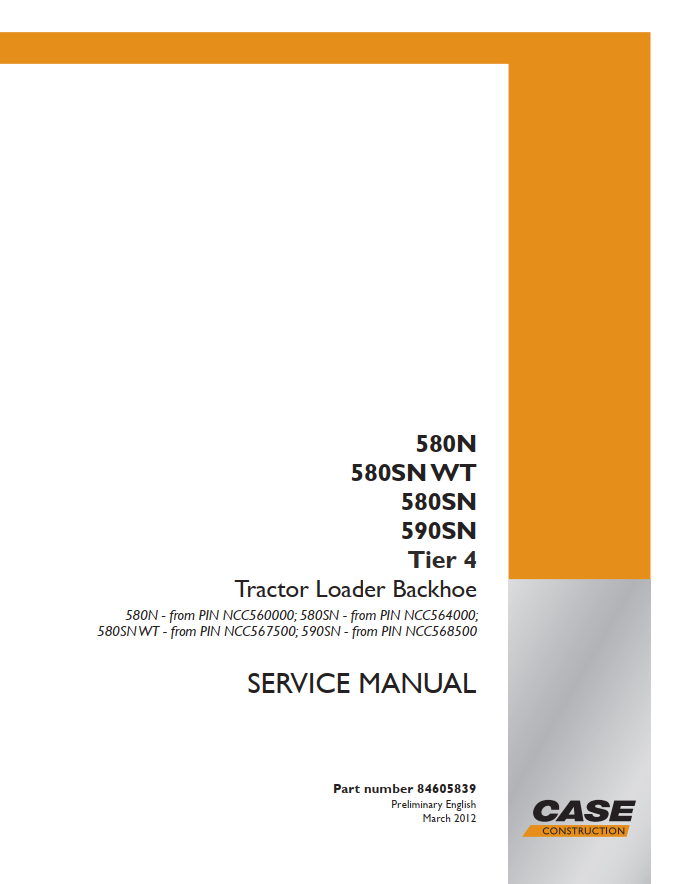 Case Track Loader Backhoe 580N, 580SN, 580SN WT, 590SN Tier 4 Service Manual PDF